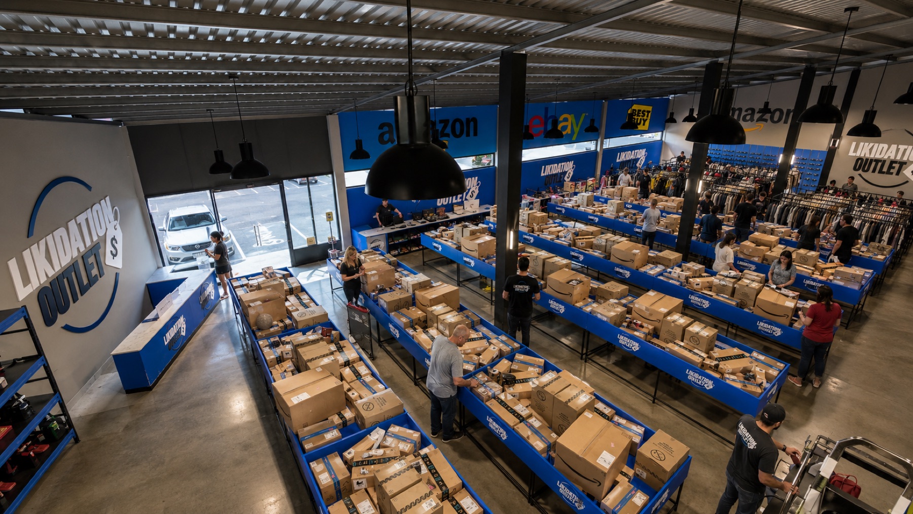 Nave de LIKIDATION OUTLET con mesas de palés y clientes